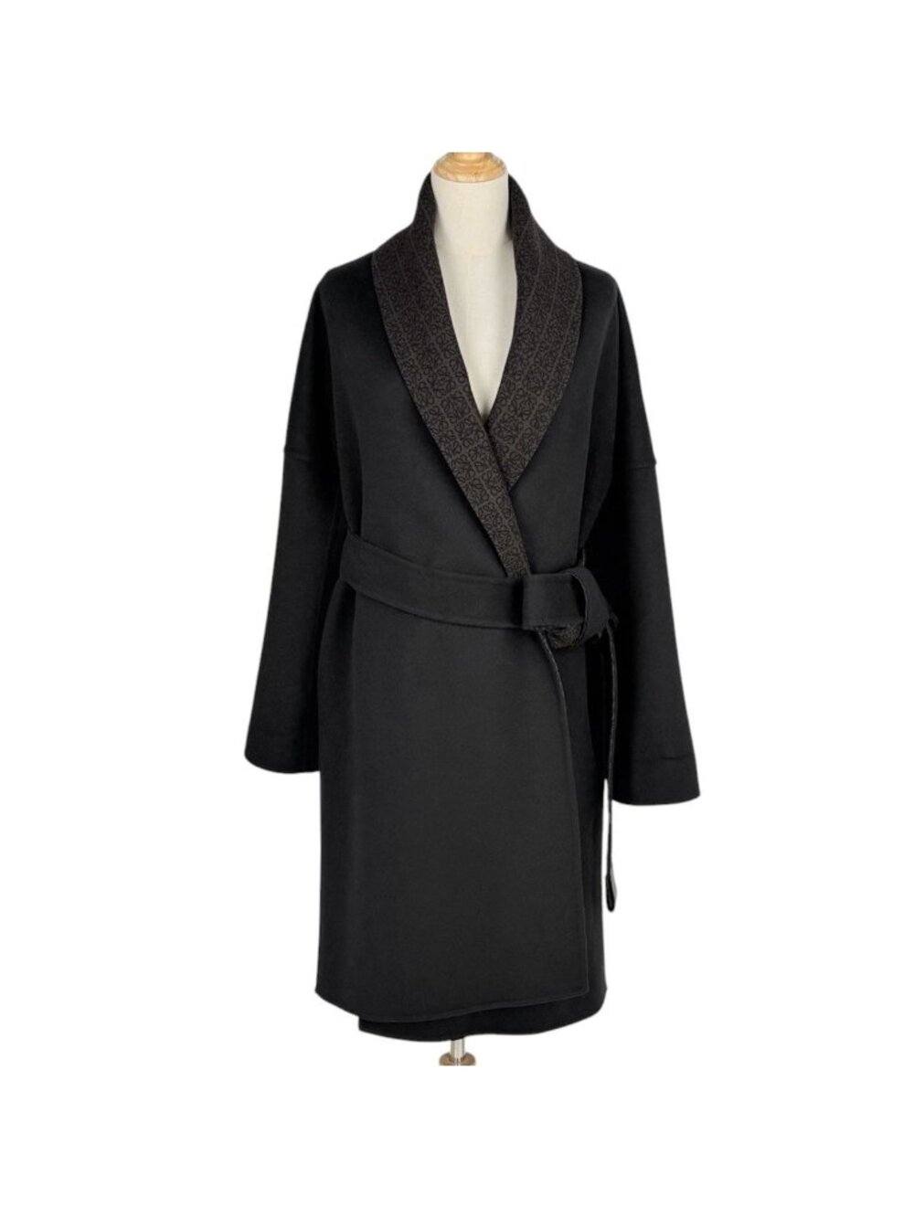 Loewe Anagram Coat with Belt Buttonless Wool Black